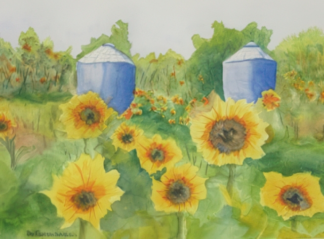 Silos and Sunflowers watercolor